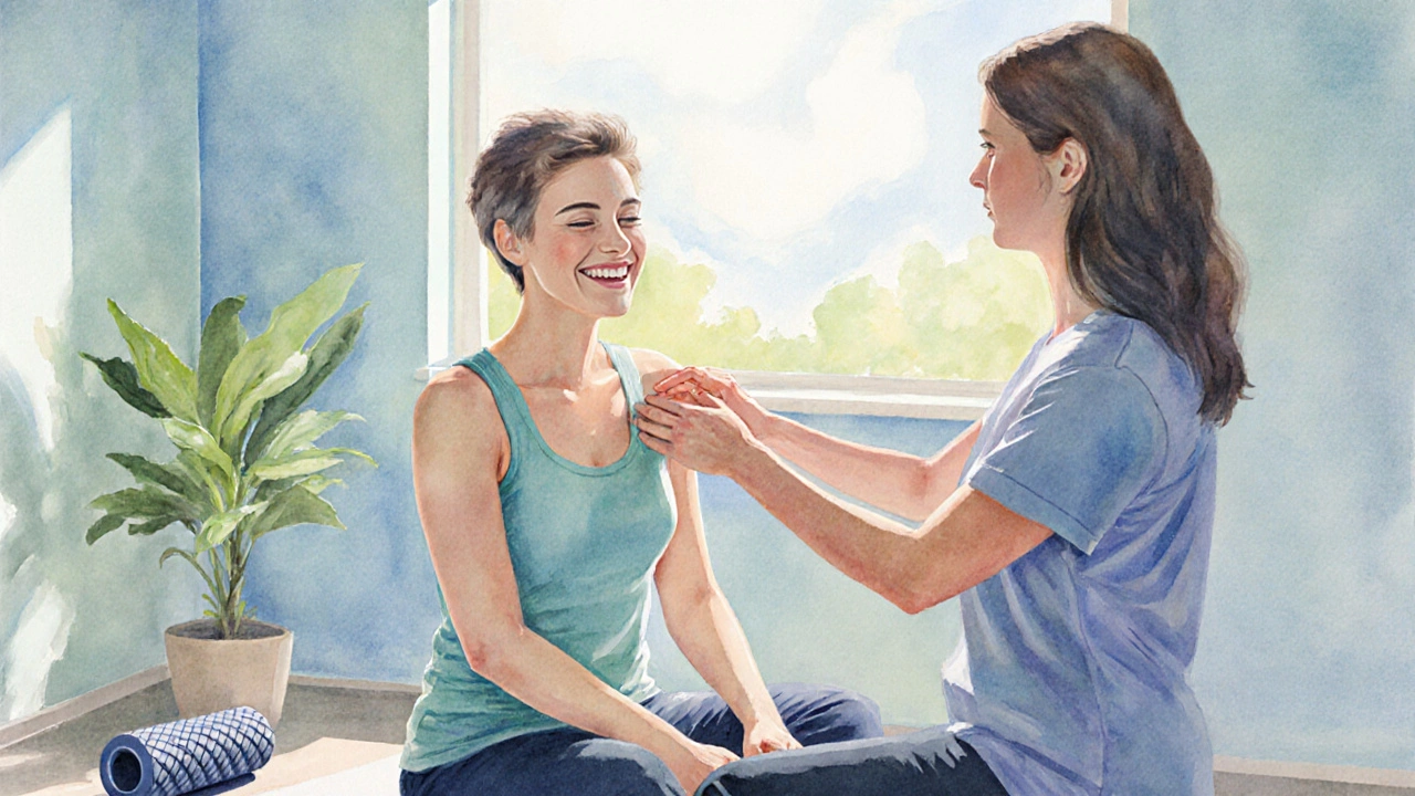 A smiling person gently stretches their shoulder after an acupuncture session, with a calm clinic setting.