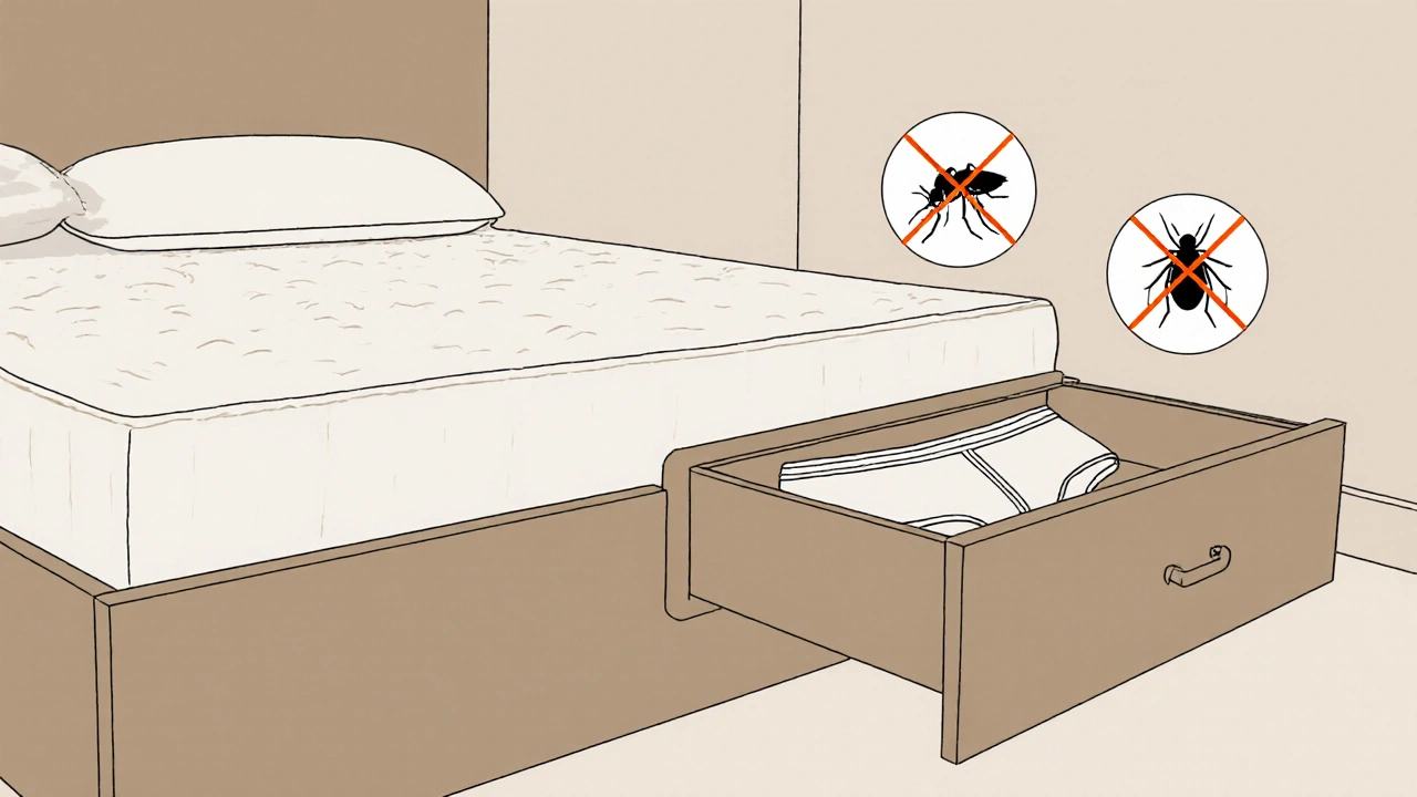 Bedroom with clean bedding, cotton underwear, and crossed-out insect icons for prevention.