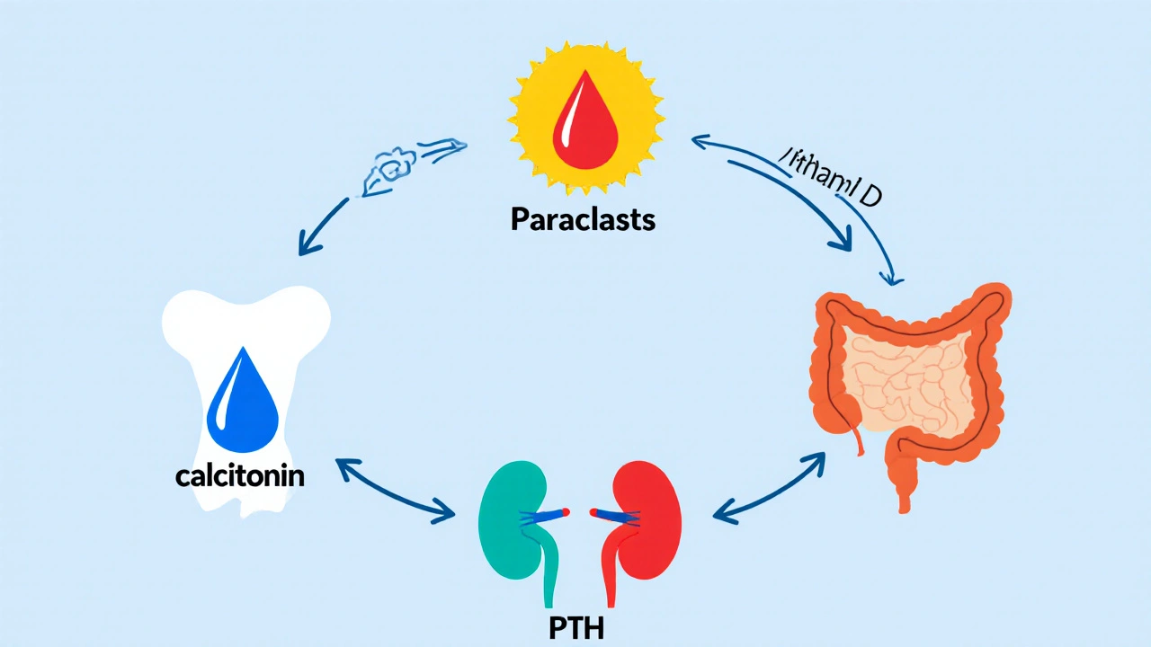 Circular diagram showing calcitonin, PTH, and vitamin D interacting with bone, kidney, and intestine.