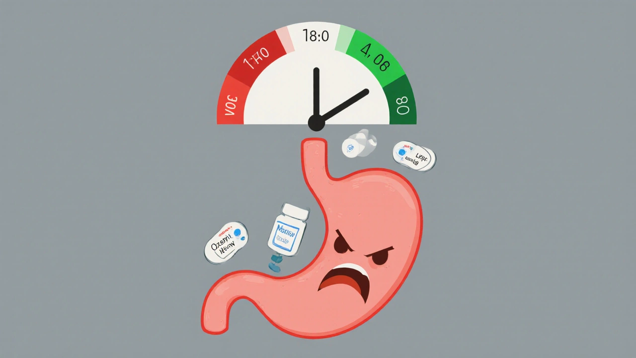 Clock showing nausea improving over weeks with a calming stomach icon