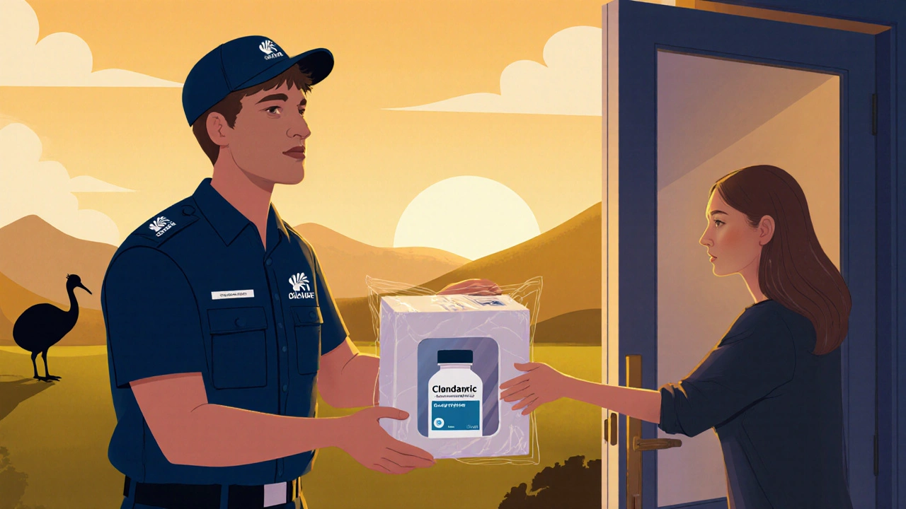 Courier delivering a sealed parcel containing clindamycin bottle to a New Zealand doorstep.