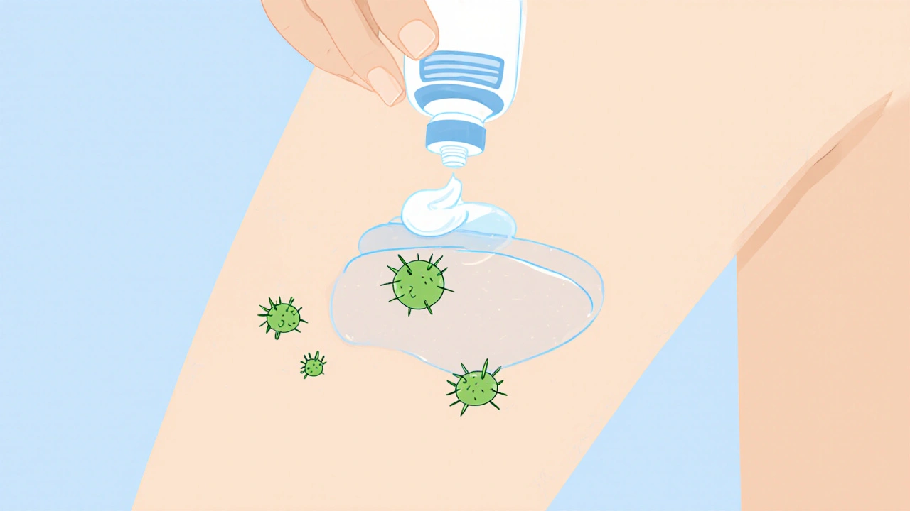 Cross‑section of thigh showing fenticonazole cream erasing cartoon fungi.