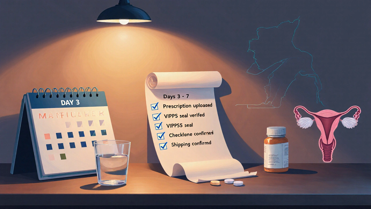 Digital painting of a kitchen counter with a calendar and medication checklist.