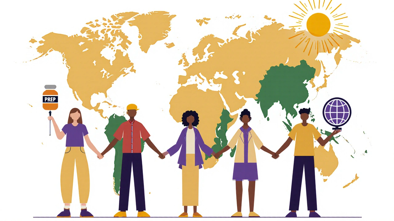 Diverse group holding treatment symbols in front of a pastel world map, bathed in hopeful light.