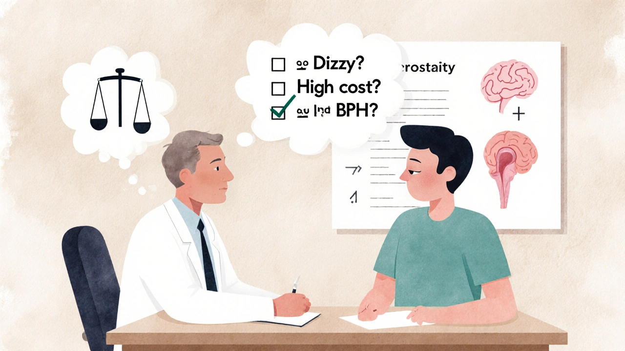 Doctor and patient at a table with a thought bubble containing a checklist for medication evaluation.
