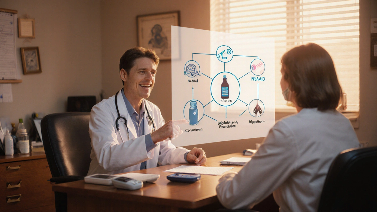 Doctor discussing treatment options with a patient, surrounded by icons of medication choices.