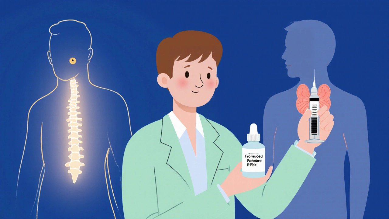 Doctor holding nasal spray and syringe for synthetic calcitonin beside a vertebral column and thyroid outline.
