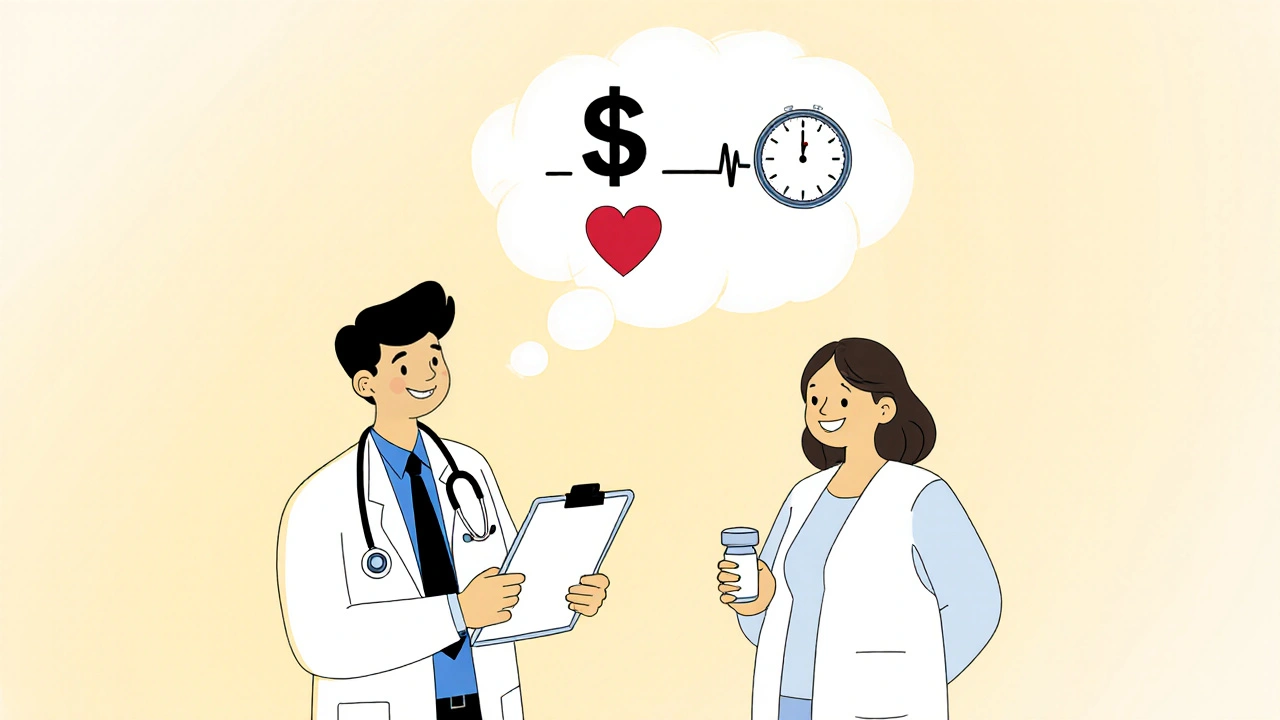 Doctor, patient, and thought bubble with cost, safety, and effectiveness symbols in pastel scene.