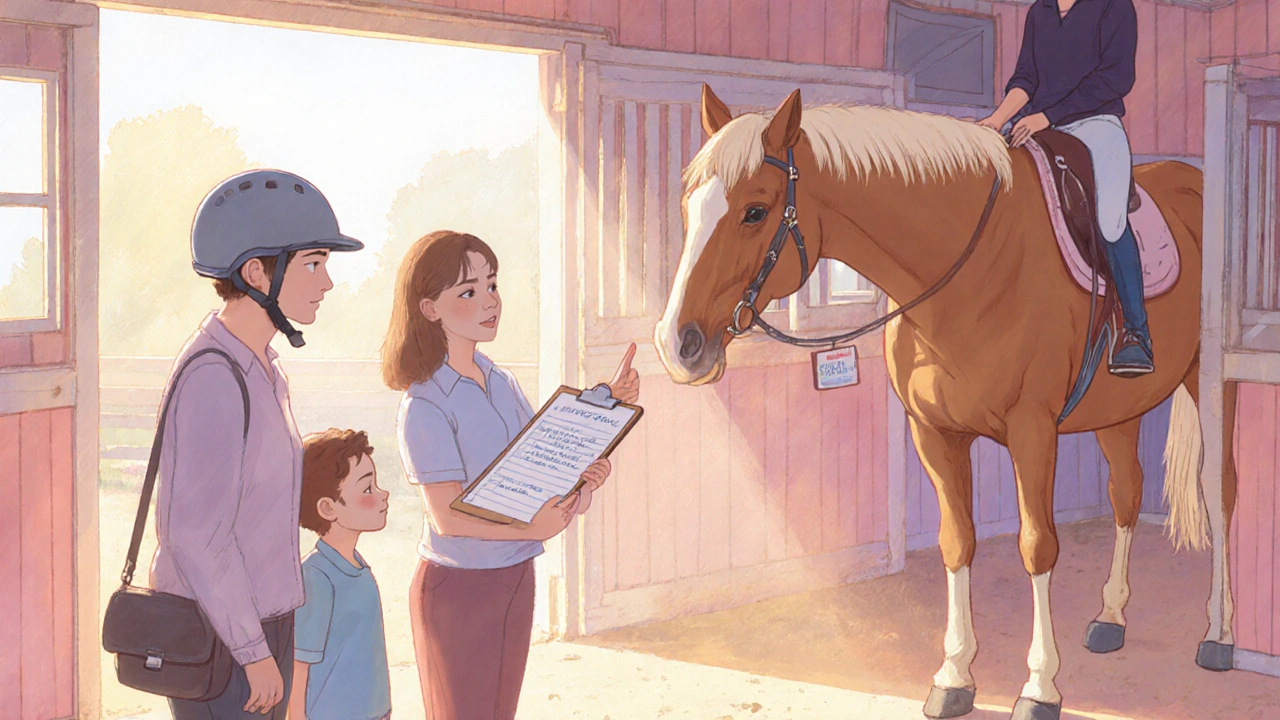Family and therapist reviewing progress beside a calm therapy horse after a session.