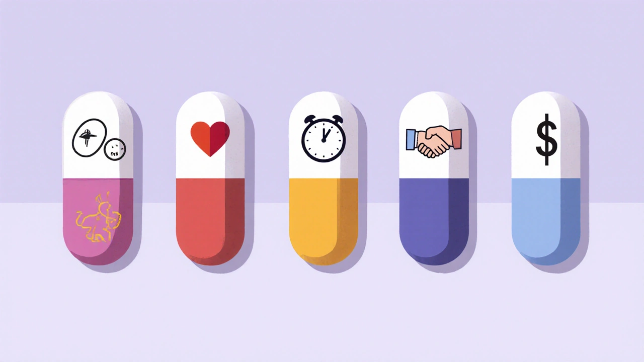 Five minimalist pill icons with color-coded symbols for blood pressure, BPH, speed, cost, and combo therapy.