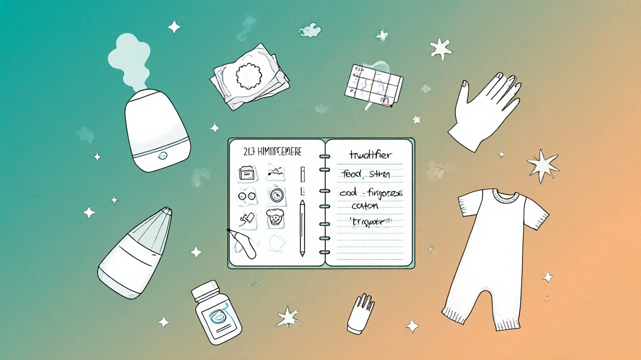 Flat graphic showing eczema management tools like a diary, humidifier, and compress.
