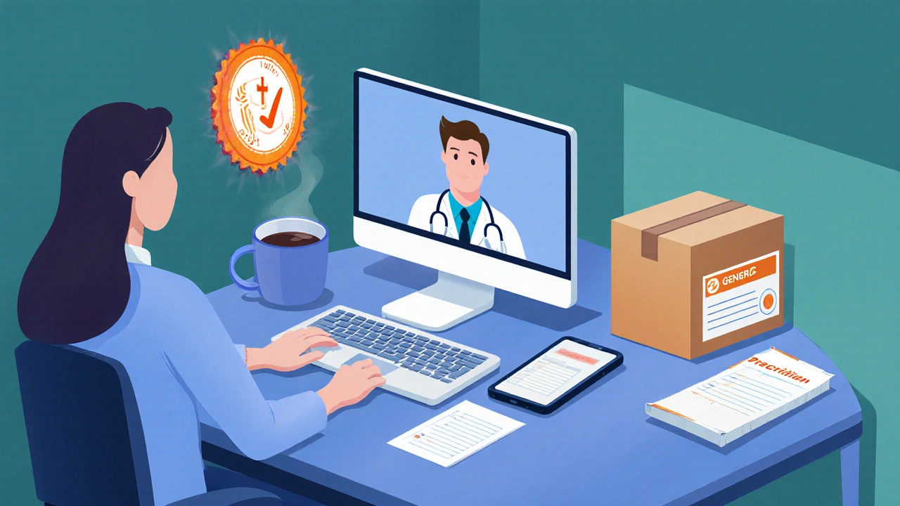 Flat illustration of a woman using telemedicine and receiving a medication box.