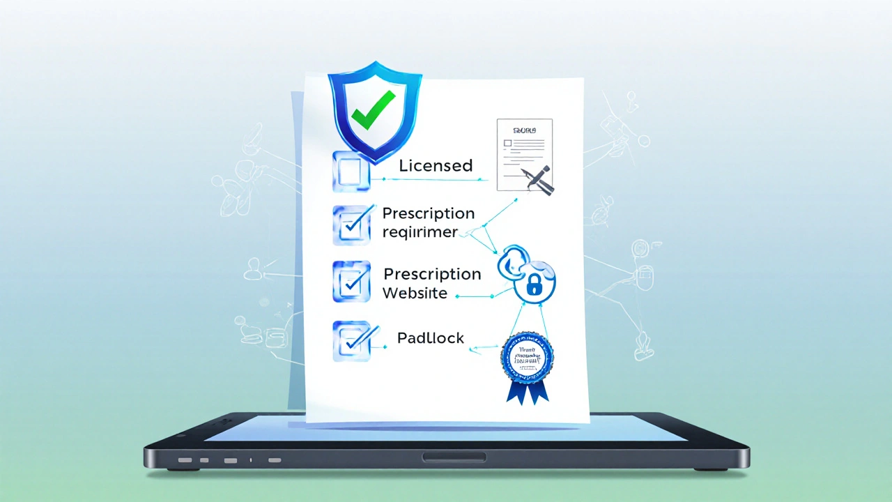 Floating checklist with icons for licensed pharmacy, prescription, secure site, and certifications.
