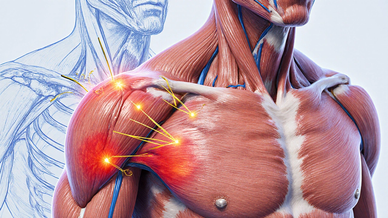 Illustration showing inflamed muscle tissue with acupuncture points releasing bright energy lines.