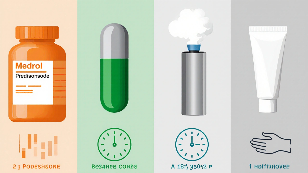 Illustration showing Medrol, prednisone, budesonide inhaler, and betamethasone cream in separate panels.