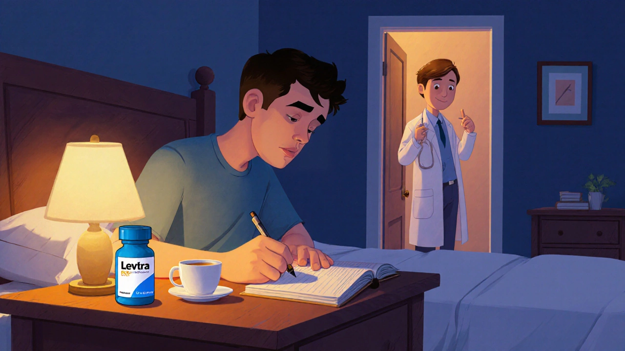 Man logging his dose beside a pill bottle with doctor nearby.