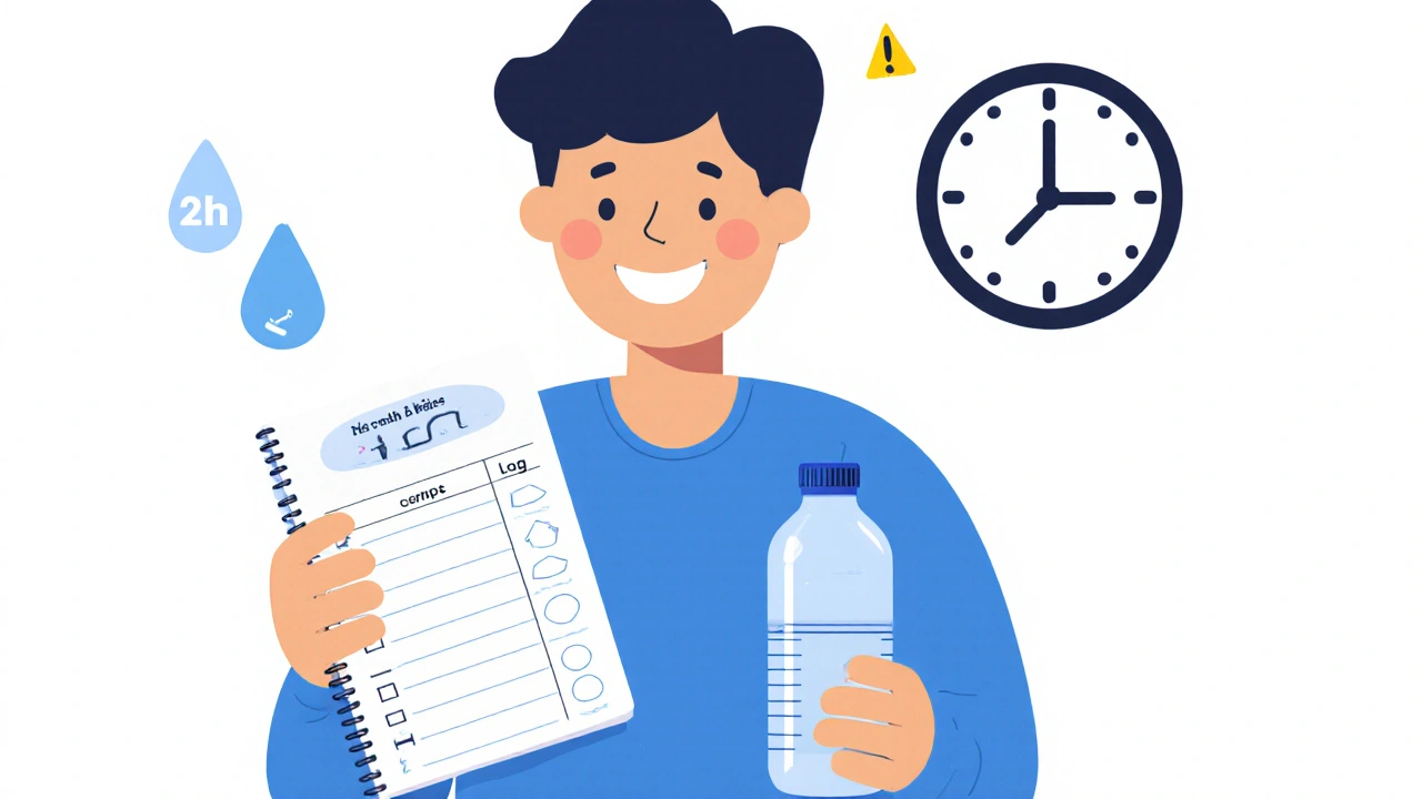 Minimalist cartoon of a person with medication log, water bottle, and clock indicating safety tips.