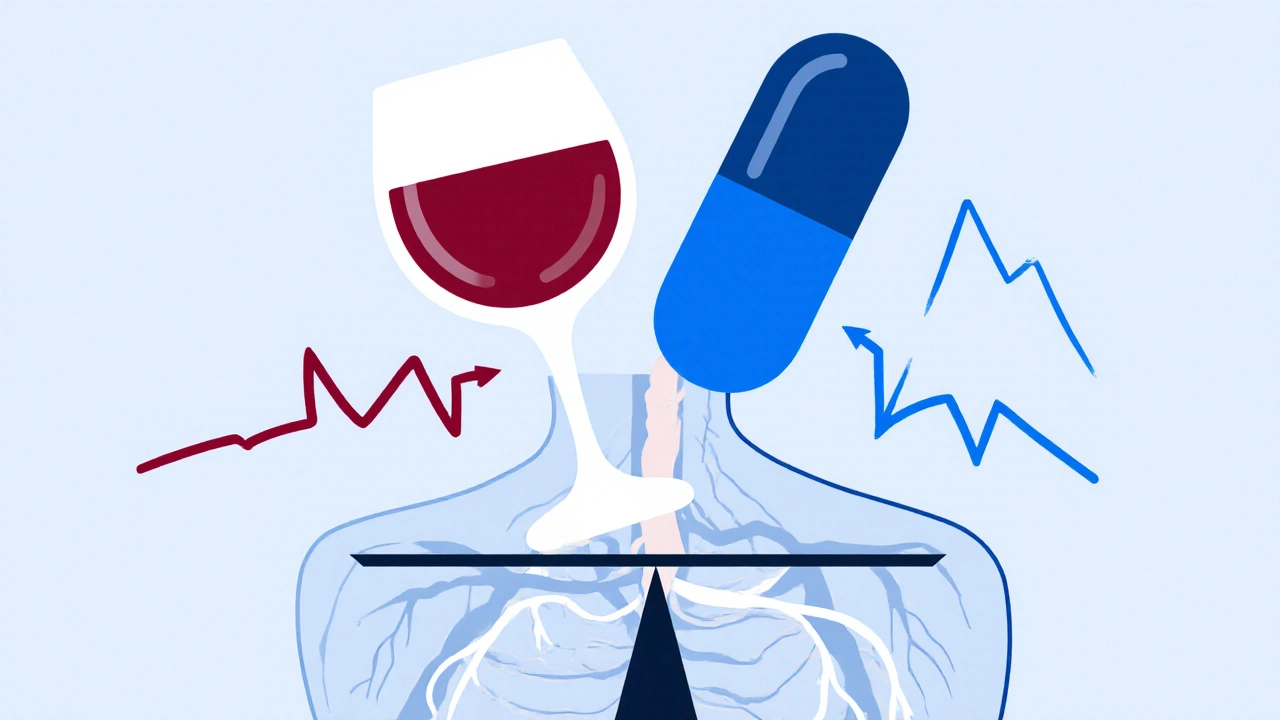 Minimalist cartoon of a wine glass and pill interacting over a nervous system outline.
