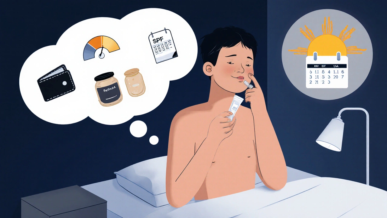 Nighttime bathroom scene showing retinoid application, moisturizer, and sunrise sunscreen icon.