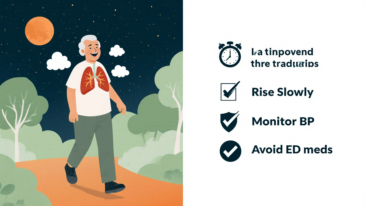 Older adult walking happily, with a clock indicating night nitrate‑free period and safety checklist.