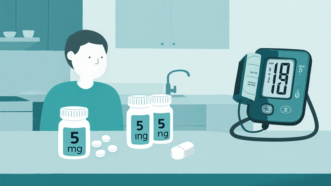 Patient at a table with pill bottles, blood pressure cuff, and ACE inhibitor tablet for dose titration.