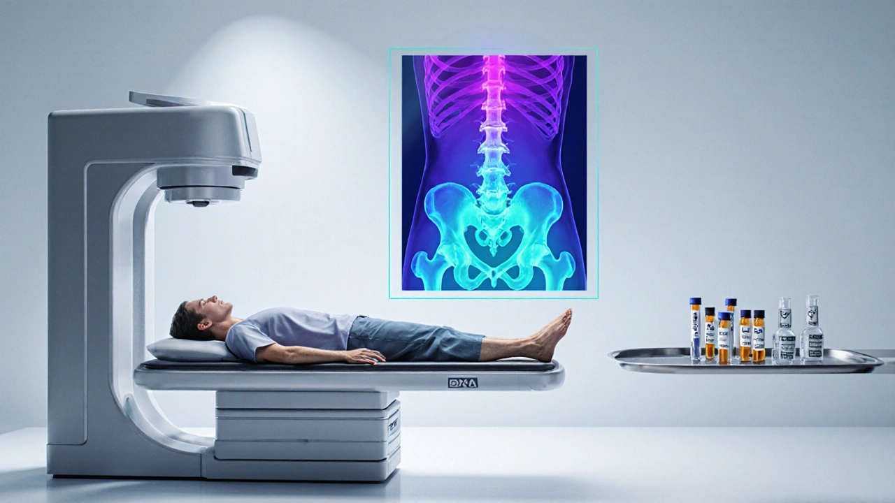 Patient on a DXA scanner with bone density overlay and lab test tubes nearby.