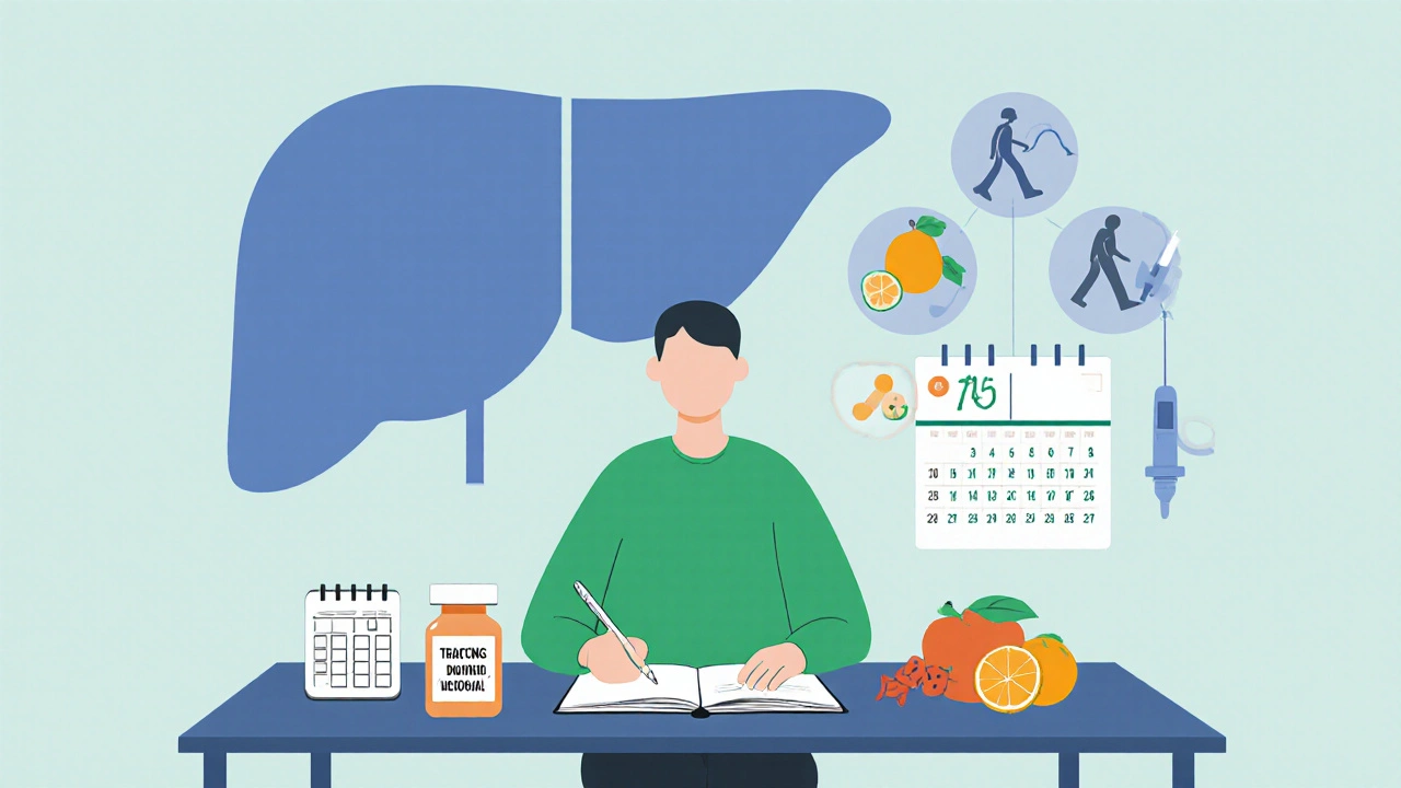 Person tracking drinks, taking antiviral pills, with liver health icons like fruit, walking, and ultrasound.