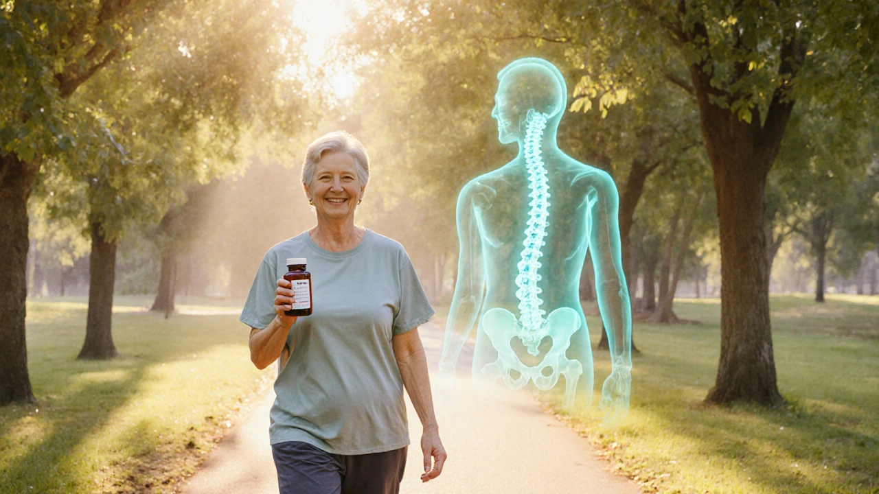 Person walking in a sunny park holding supplements, with a faint spine outline behind.
