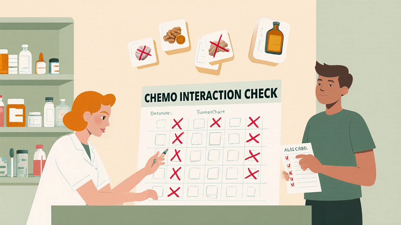 Pharmacist reviewing medication chart with dangerous supplement icons