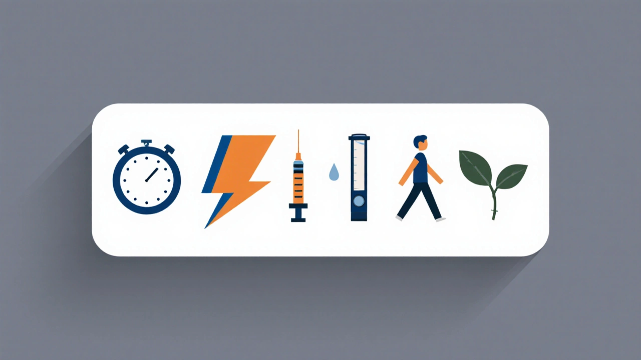 Row of five minimalist icons: clock, lightning bolt, syringe, vacuum tube, and walking figure.