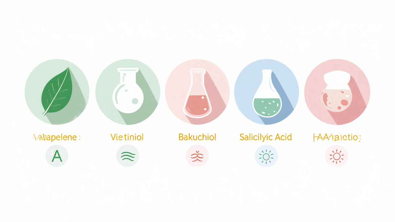 Row of seven simple icons representing different retinoid alternatives and their effects.
