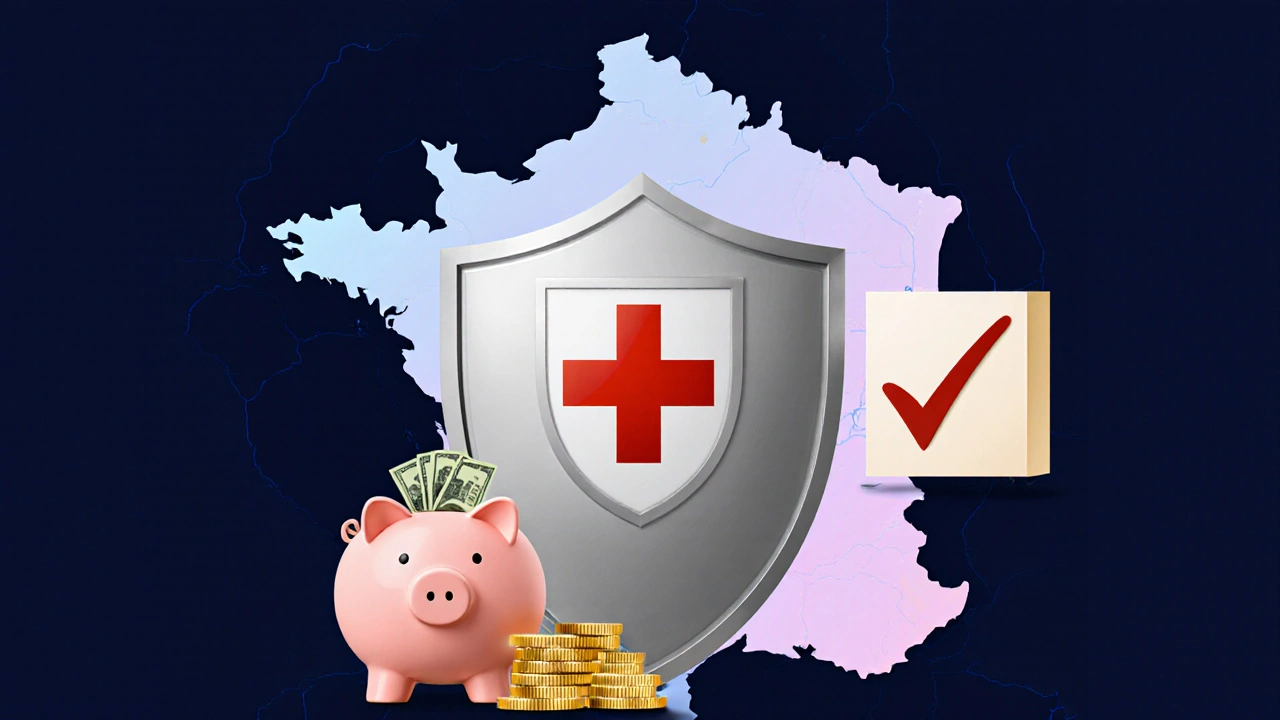 Shield, piggy bank, and French map illustrate safe, low‑cost omeprazole purchase.