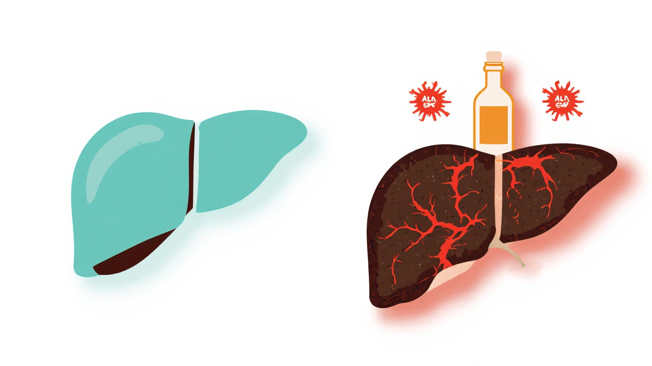 Side‑by‑side livers showing healthy liver and scarred liver with alcohol bottle and flare icons.