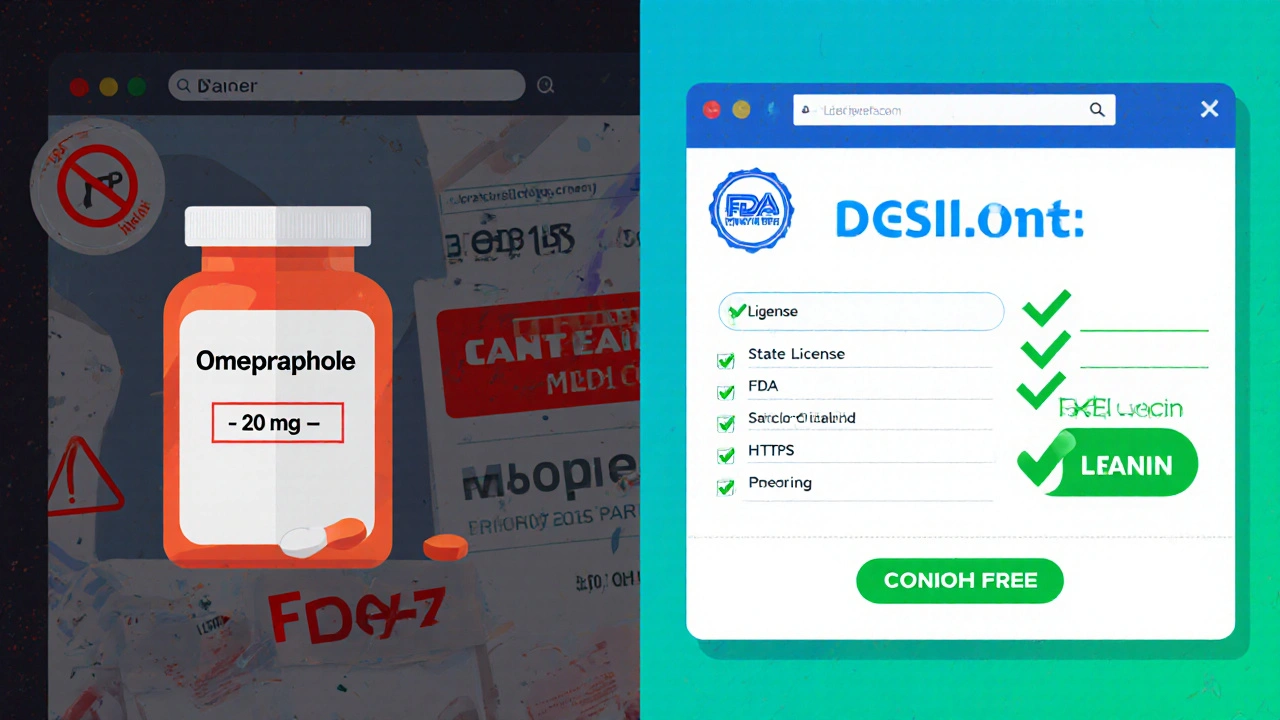 Split illustration contrasting a shady counterfeit site with a verified pharmacy checklist.