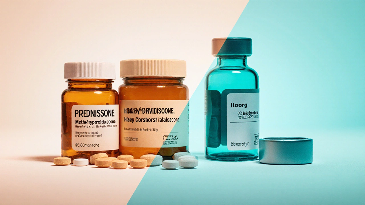 Split illustration showing steroid pill bottles on left and ibuprofen/biologic containers on right.