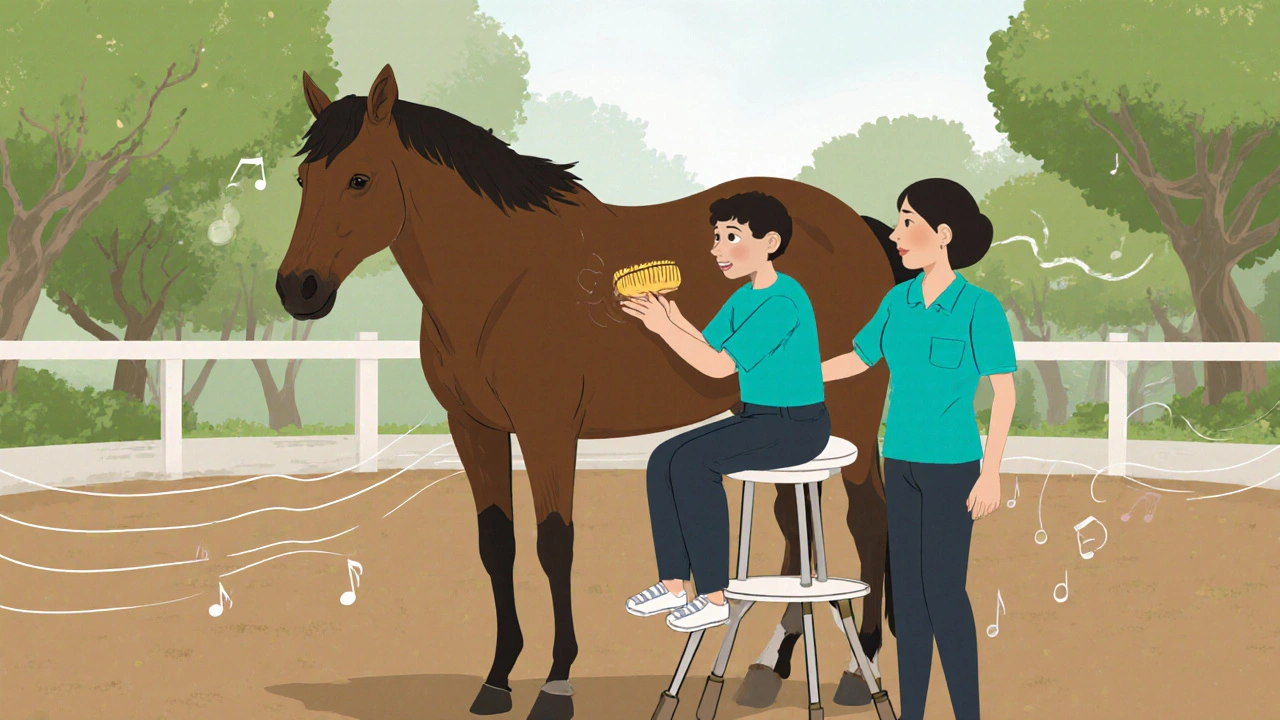 Therapist guiding a participant to groom a horse, highlighting sensory and motor engagement.