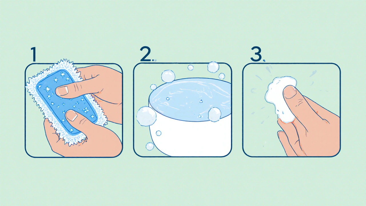 Three panels showing cold compress, gentle washing, and cream application for relief.
