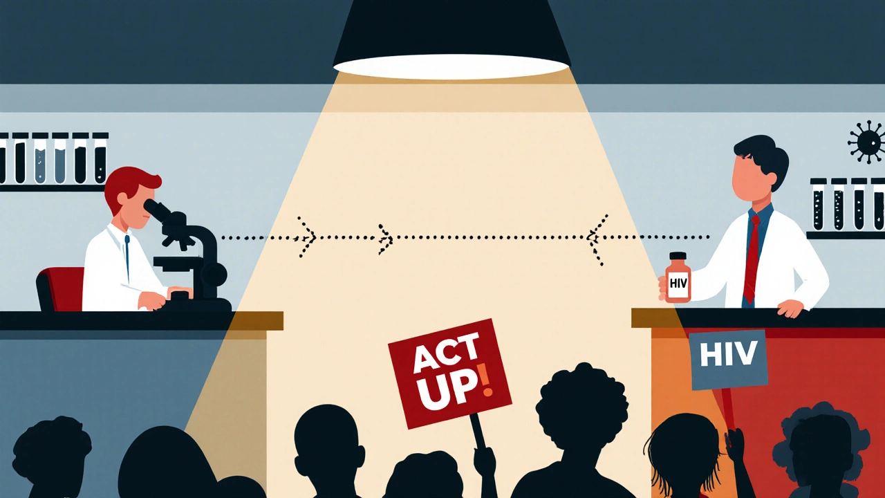 Two scientists in minimalist labs discovering HIV, linked by arrows, with ACT UP activists nearby.