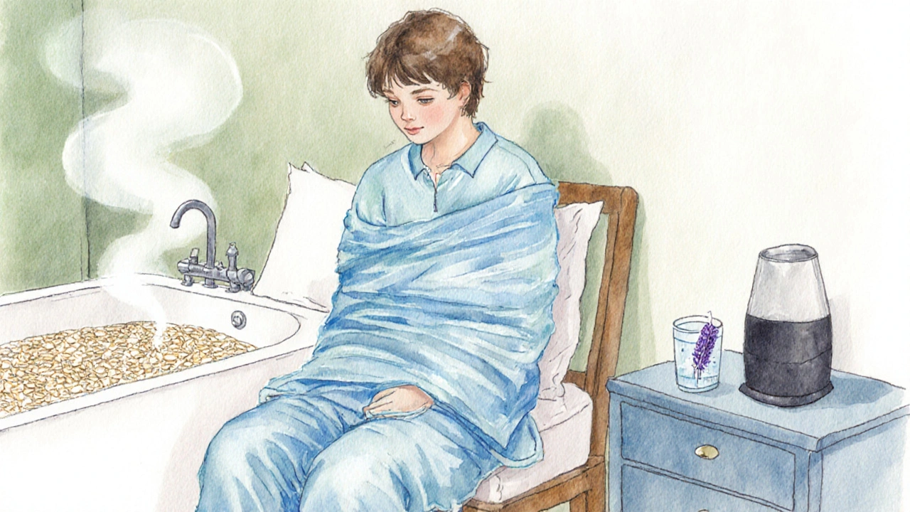 Watercolor bedroom scene with a person in wet cotton wraps after an oatmeal bath.