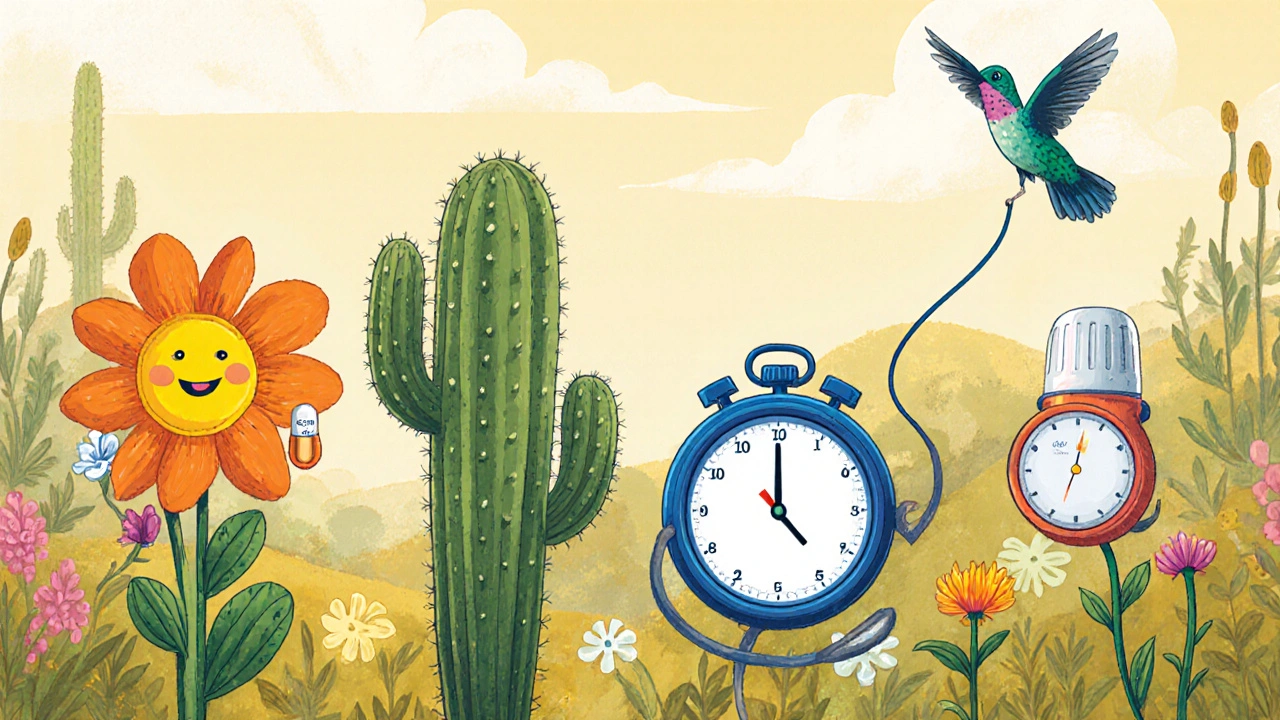 Whimsical garden showing cartoon pills with clocks and symbols.