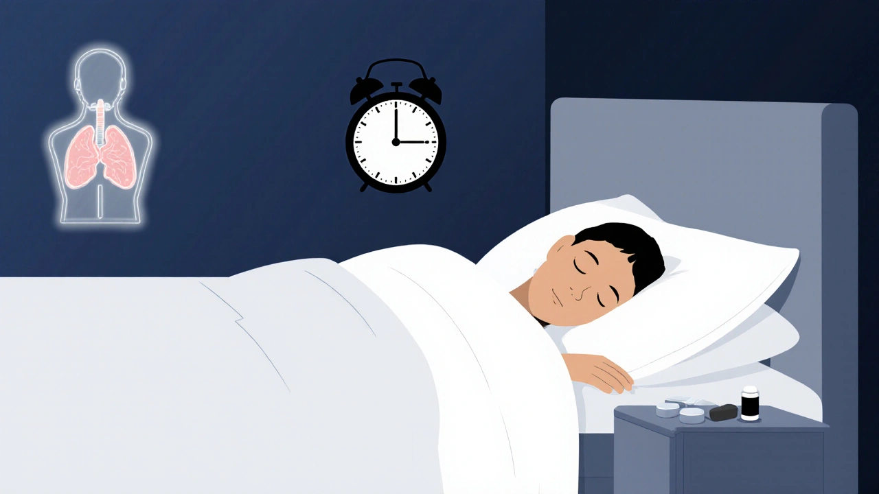 A person sleeping with magnesium beside the bed, a faint thyroid icon on the wall, night-time timing.