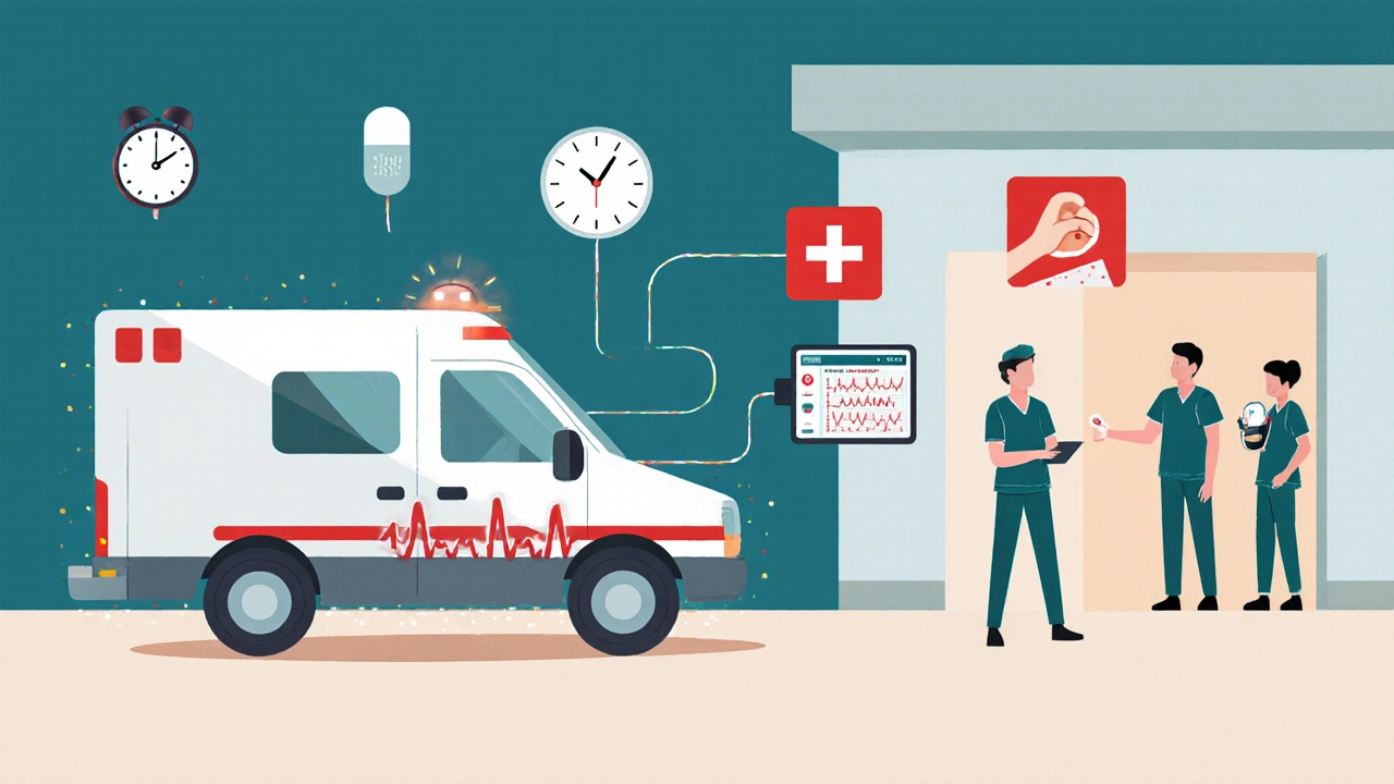 Ambulance connected by an ECG line to hospital staff, with emergency icons and a clock emphasizing rapid response.