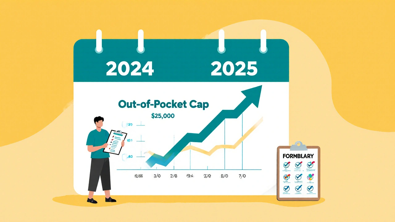 Calendar turning from 2024 to 2025 with a dropping cost cap graph, patient holding formulary list, counselor offering support.