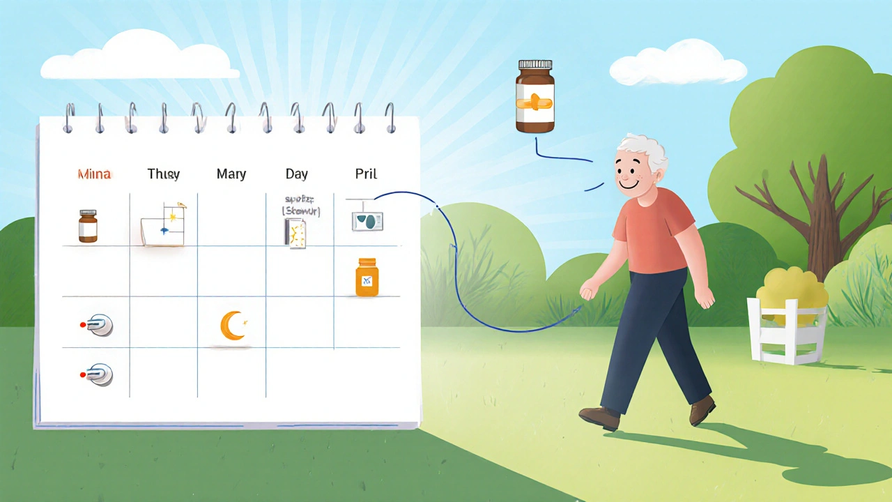 Calendar with two daily icons showing simplified medication routine in nature.