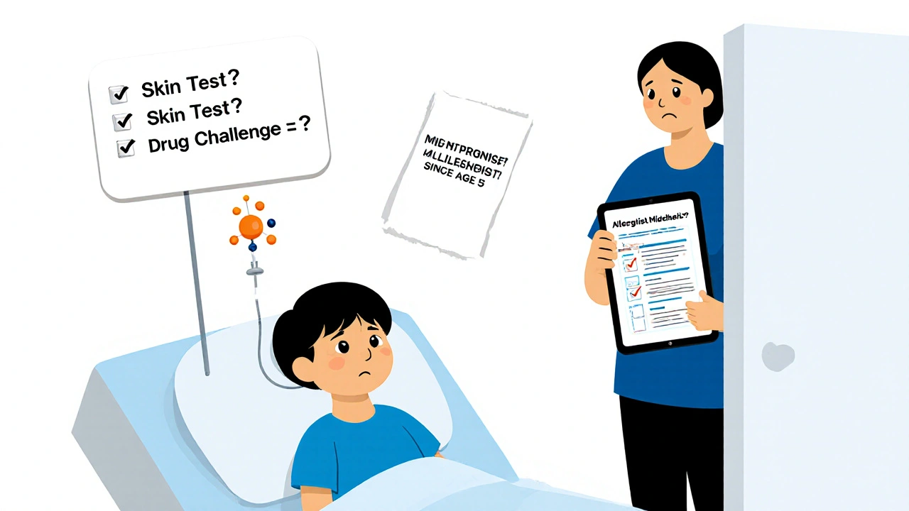 Child receiving penicillin with checklist confirming proper allergy testing in minimalist medical illustration