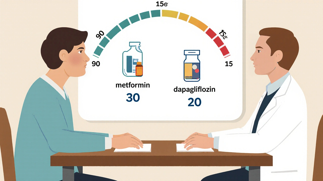 Doctor and patient discussing eGFR scale with medications sliding as kidney function declines.