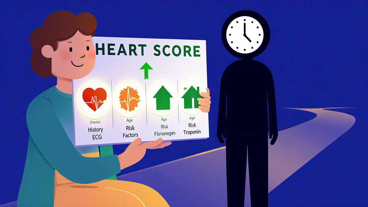 Doctor showing a HEART score chart with glowing indicators, guiding a person toward safety while a hesitant figure lingers.