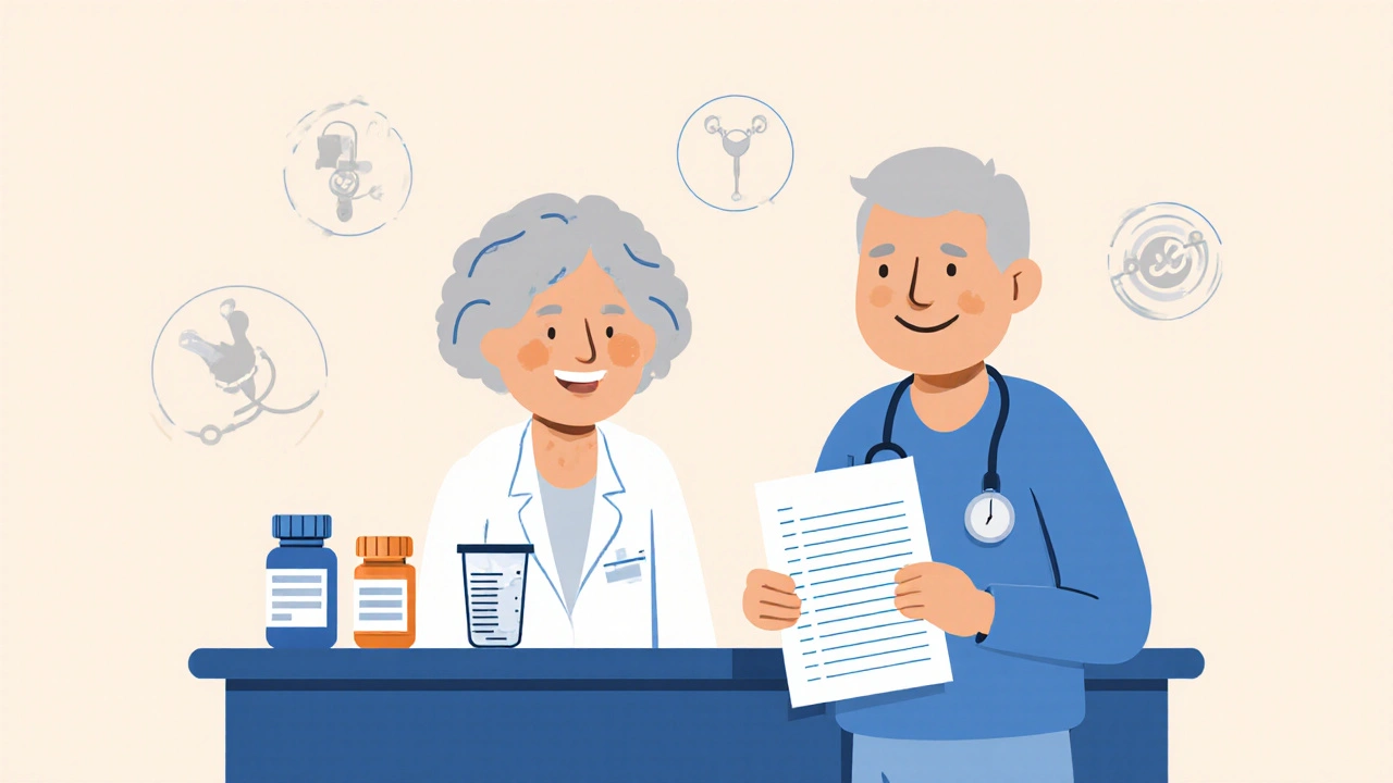 Elderly person with medication list and pharmacist at pharmacy counter.