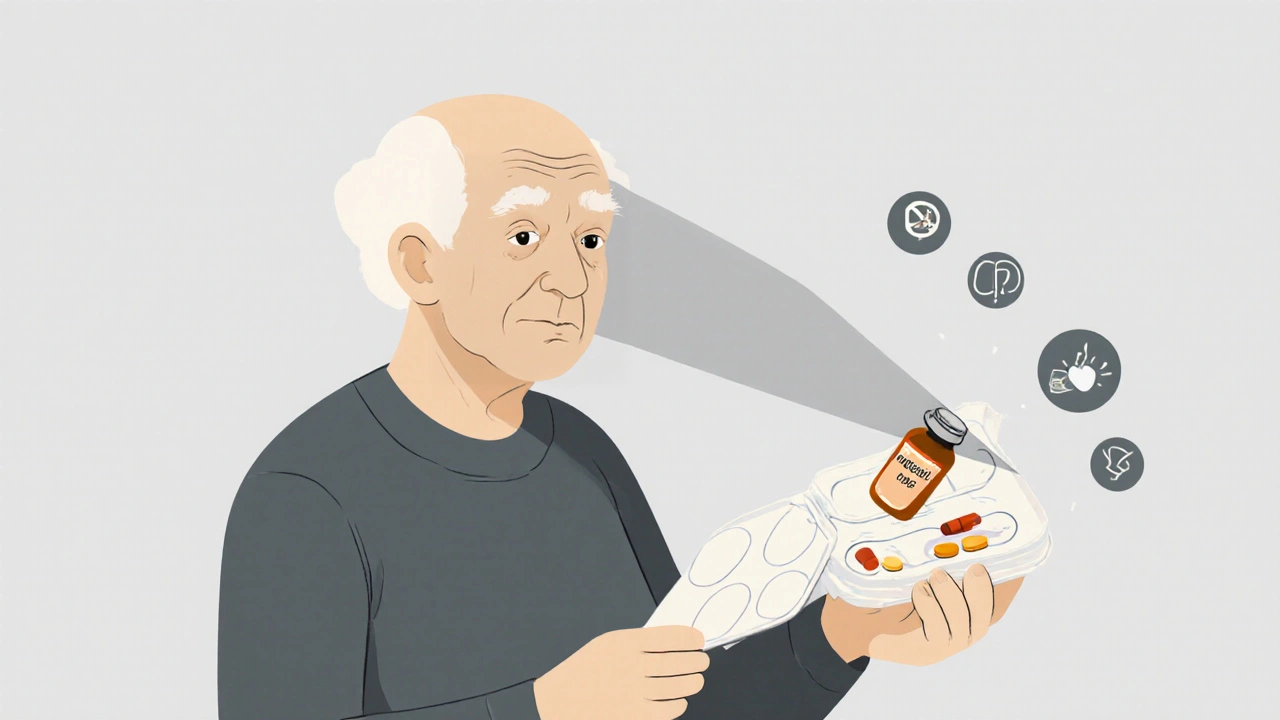 Elderly person with pill organizer affected by quercetin supplement&#039;s shadow.