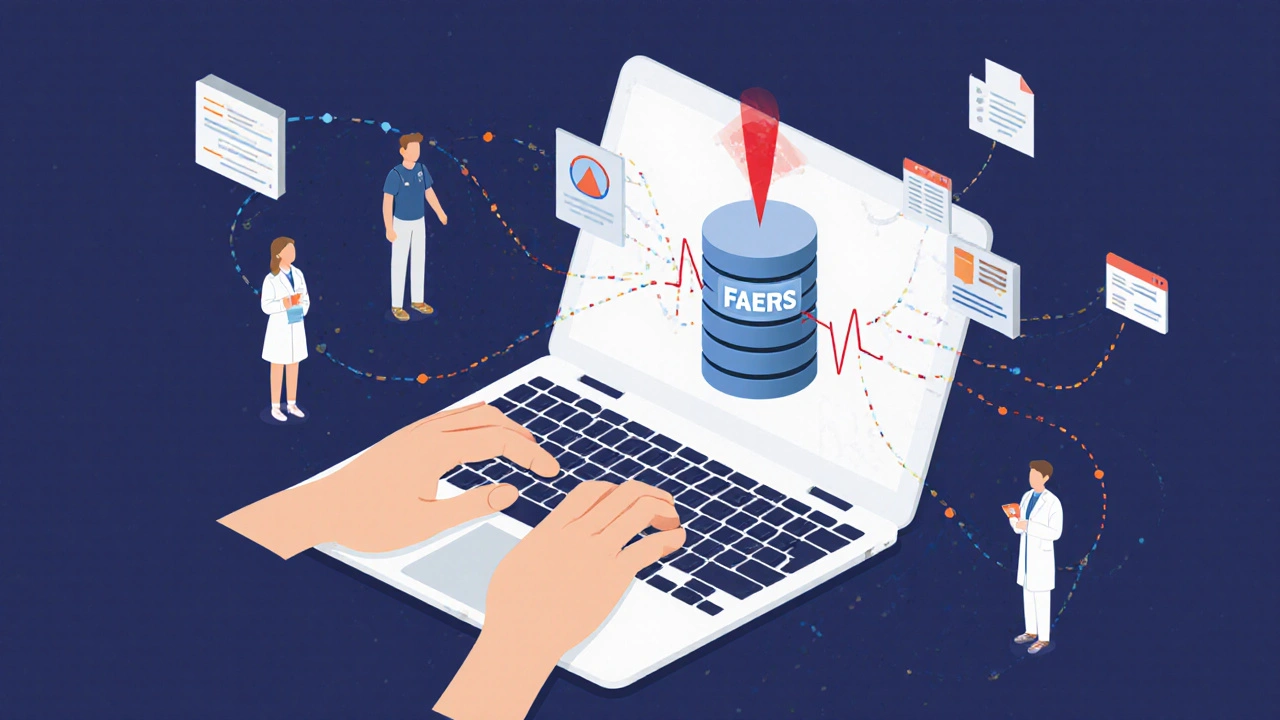 Hand typing on laptop connected to FAERS database with data streams, minimalist style
